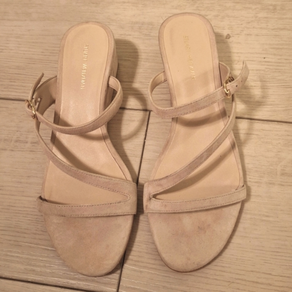 Stuart Weitzman Womens Wedge Sandal genuine leather Suede light Beige 8 NWOT
